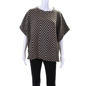 Suzy D Womens High Neck Chevron Stripe Dolman Sleeve Sweater Black Beige Medium